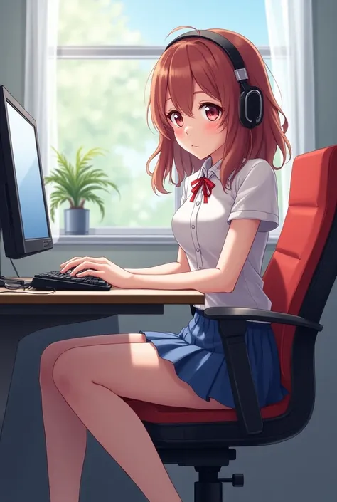 Anime girl sitting in a chair with a computer and a keyboard, an anime drawing by Shitao, pixiv, computer art, Anime Style 4 k, Anime Style. 8k, Anime Moe Art Style, Anime Styled digital art, High-Quality Anime Art Style, anime wallpaper 4k, anime wallpape...