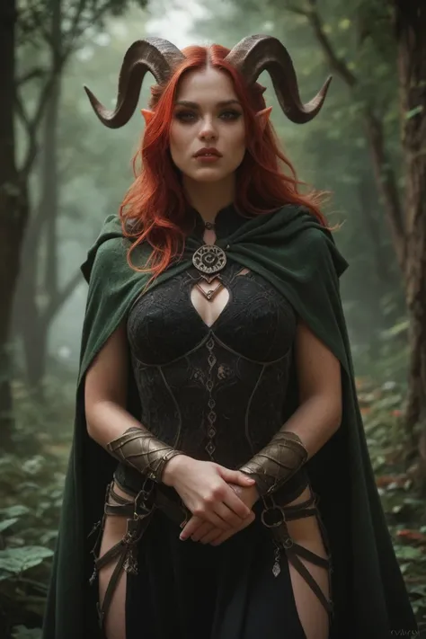 its a Tiefling/ druid goes through with fair skin and red hair ,  she has medium horns and a devil style tail she wears chic clothes because she is a nobleman,  with black velvet-colored clothes and a green cape .  she looks dark and eyes the color that re...