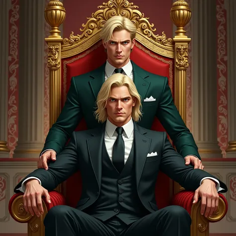 Two men together,  one sitting on a throne in shades of gold and black and the other man behind the throne with his arms back.  The man who is sitting on the throne is blond haired ,  green eyes, serious and hard face , young,  has a completely black suit ...