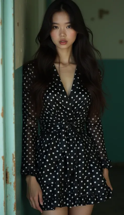 korean girl long hair short dress silk satin dress big breast beautiful face polka dot black silk satin short dress prision prisoner girl 