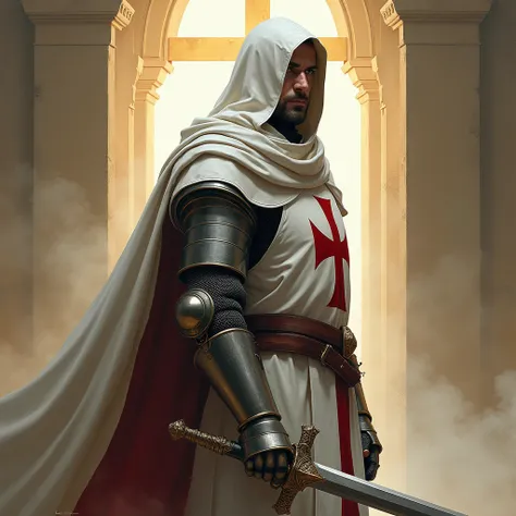 A Knight Templar using a sword of the Knights Templar and the symbol of the Templar cross in the background of the image, full body standing, profile 