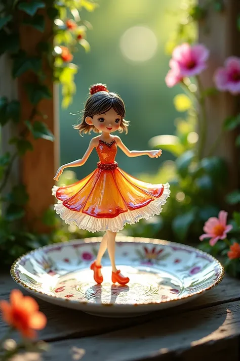 A delicate miniature girl-like figure, fashioned from colorful glass, twirling on an intricately painted porcelain plate, set in a quaint, fairy-tale garden with vibrant flowers and ivy- covered walls. The plates ornate designs add a touch of elegance, whi...