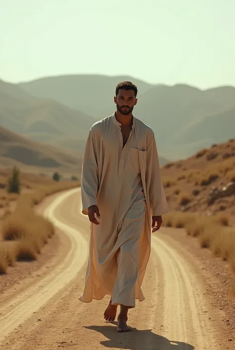 (Photorealism:1.2), beautiful men, Arab walking alone on an aimless dirt road
