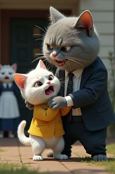 A big gray cat wearing a suit looks angry and grabs a little white cat wearing a yellow shirt who is crying and drags it to the little cats house where the mother white cat wearing a maids outfit is standing crying at the front door.