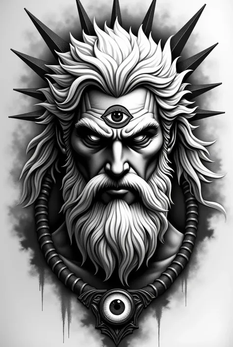  A tattoo of Zeus with Sharingan in black and white, more rays around  
