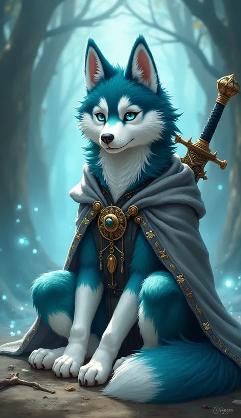  young husky man ,  sitting, kemono style, Anime,   turquoise eyes ， tricolor turquoise fur 、White and dark blue texture ,  Big Bushy Tail ,   has three colored blue fur with texture 、 wears an old shabby gray magician cloak with decorations,  has a magic ...