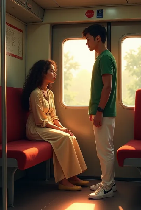 beautiful muslim girl, sitting on a Indian train seat, wearing a churidar, long curly hair, inside train, morning lighting, window with sunlight,relaxed pose, realistic, intricate details, warm colors, and a 24 aged  boy with green casual full sleeve shirt...