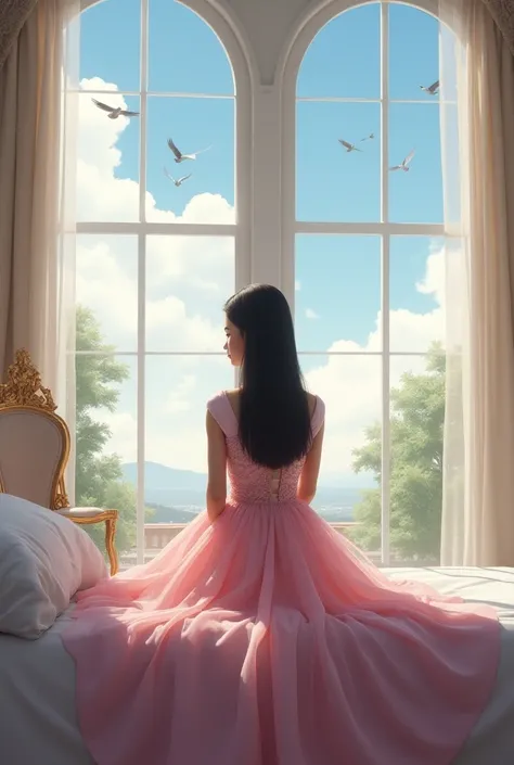 Princess with straight black hair and pink dress sitting on the bed in her room, looking out the back window two large windows where you can see outside the sky with clouds and birds next to it, a chair and an antique mirror 