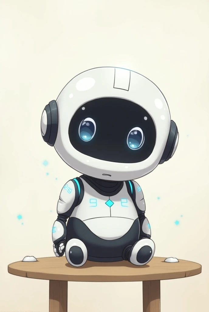  one robot ,RoboHon , younger brother model , anime-like pattern, round , round eyes ,cute, on the table ,Black,White,light blue, manga style , high quality,  simple background, 