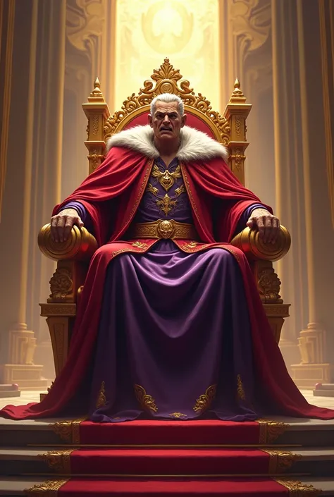 Angry king dressed in red and purple sitting on golden throne on pedestal in a clear bright room