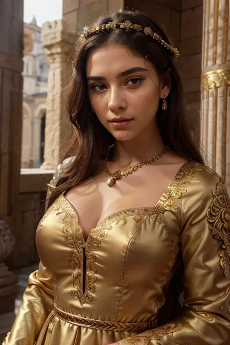 1girl, roman empire era, beautiful detailed eyes, beautiful detailed lips, extremely detailed face, long eyelashes, ornate golden crown, flowing burgundy dress, intricate jewelry, stoic facial expression, regal and elegant pose, dramatic lighting, warm col...