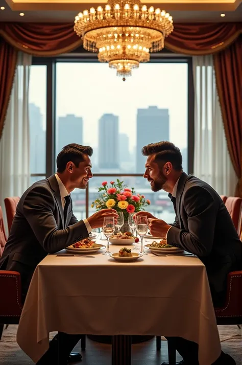 Ronaldo and messi sharing food with each other in a luxury hotel