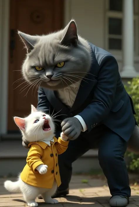 A big gray cat wearing a suit looks angry and grabs a little white cat wearing a yellow shirt who is crying and drags it to the little cats house where the mother white cat wearing a maids outfit is standing crying at the front door.