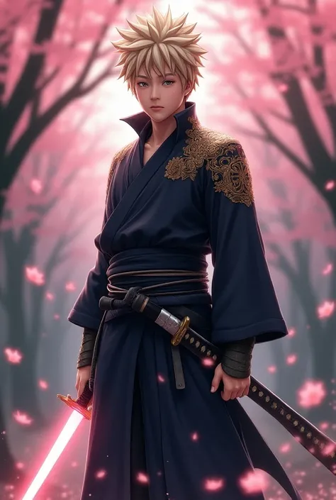 Naruto reimagined as a samurai warrior in feudal Japan, wearing traditional samurai armor with a leaf village crest on his shoulder. His katana is glowing with chakra, and he stands in a cherry blossom garden, his expression calm but fierce