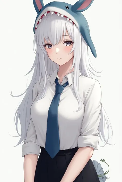 Be a woman,White hair, with bunny ears,Put on a shark hat,White shirt,Tie a tie,Black skirt,anime