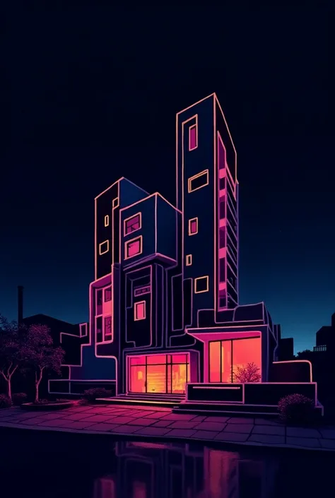 Home, apartment and building in abstract architectural line sketch ,night ,with fluorescent colors 

