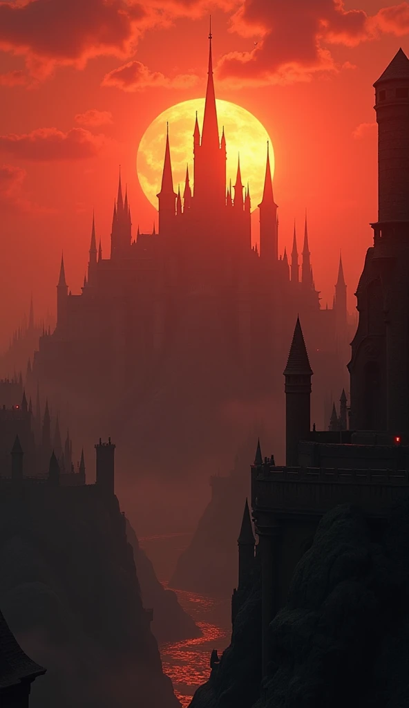 DVD screengrab from dark fantasy film Labyrinth, the setting sun is visible behind spires of an enormous medieval fantasy city with many towers and walls, the sky above them looks red-orange as if its on fire.