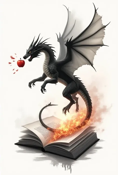  high quality, 8K A tattoo in a fineline, delicate, medium style. A dragon flying with a book in its mouth reads the phrase "Dont ruin my story with your logic". Flying out of one of the books, some symbols representing favorite sagas. The symbols are: an ...