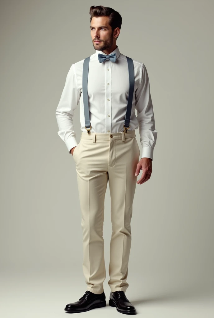 A man wearing a white long sleeves with a light gray suspender and dusty blue bowtie and cream
pants and black shoes