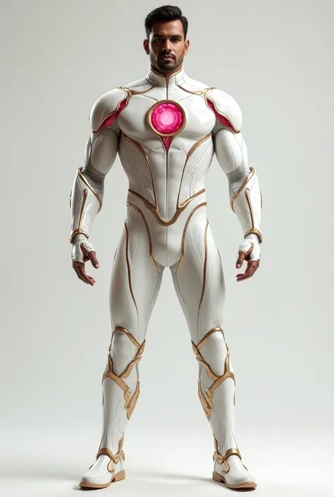 Create A male superhero full 3d image of Indian origin wearing a high-tech suit primarily in pearl white with crystal ruby accents. The superheros boots are crystal ruby,  while the gloves are pearl white with elegant golden details. In the center of the c...