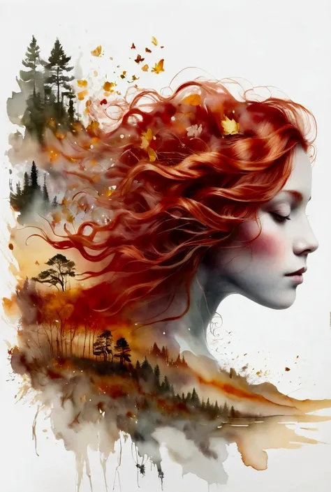 watercolor design ,  combined with a double exposure of a close up of a beautiful red-haired woman in profile and on a white background, The silhouette of your hair is replaced by a beautiful autumnal landscape that in some creative way simulates your hair...