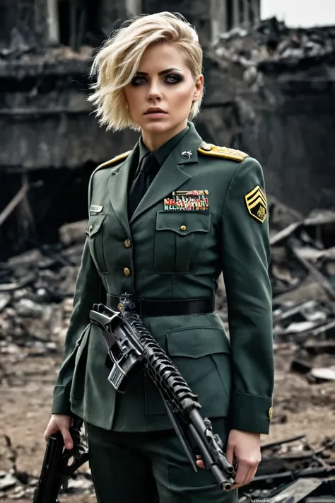 Tanya Degurechaff, Military uniform, short stature, psychotic eyes, blonde hair, destroyed scenery, side view, hold gun, dark style, flawless figure, with curves in all the right places. 