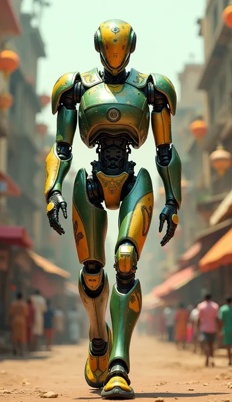 A green and yellow robot from India, with orange details, demonstrating its grandeur while marching forward with determination.