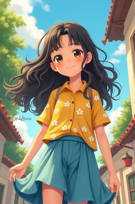 Cartoon, full details, high definition, realistic. Japanese girl, , very pretty, sweet smile, medium body, long curly hair, round eyes. She wears a yellow floral shirt and a blue skirt. I wear white sneakers. Low angle shot. 48k suhd.