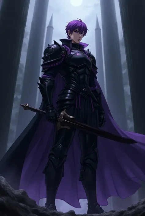 anime style, male character with short purple hair, standing at 1.82 meters tall, wearing a dark iron armor with hints of purple, dark iron helmet with purple accents, dark purple eyes, black cape, holding a sharp black sword, intense look, standing in a p...