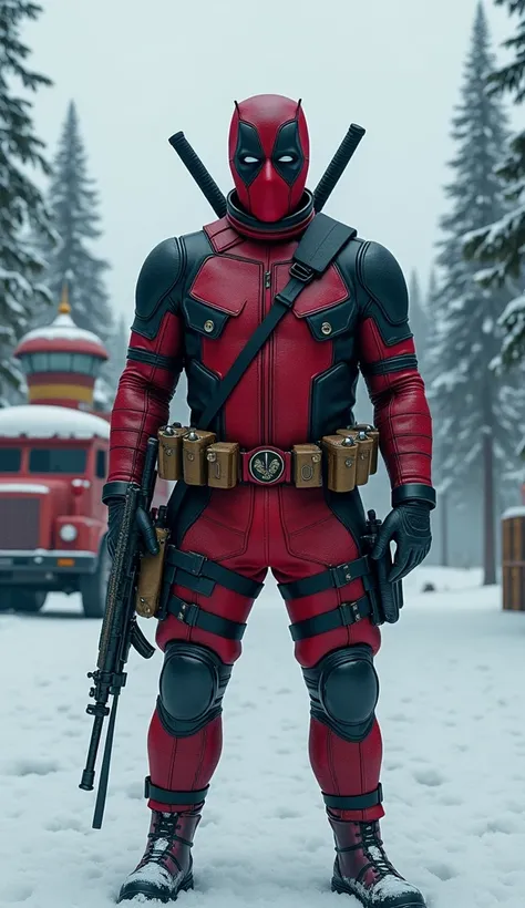 create a hyper realistic photo of a full body deadpool, as if it was RUSSIA, representing Russia as a country, with typical Russian weapon, with typical Russian costume and hyper detailed environment related to Russia, siberia. Very high quality image, mas...