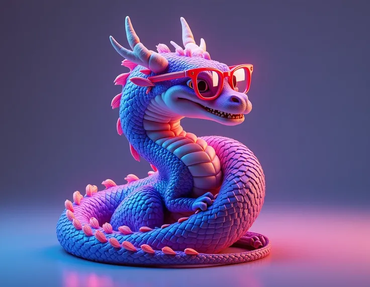 bébé Dragon Japonais ultra énergétique enroulé sur lui ultra détaillés ultra réaliste aux lunettes rouge style reflet irisés fluorescent phosphorescent ultra saturé violet
