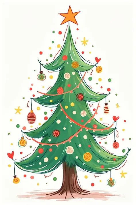 Sketch a playful and whimsical Christmas tree filled with fun doodles. Incorporate various simple patterns and shapes within the tree, such as stars, circles, stripes, and zigzags. This approach adds character and charm to the tree while keeping the overal...