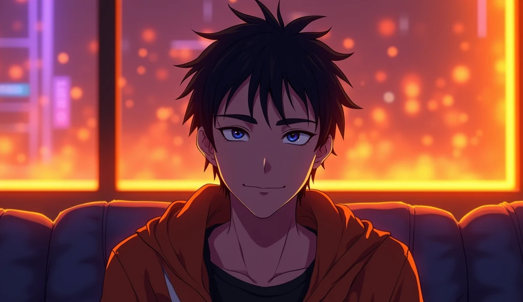 young man, relaxed, sitting, room neon details, front view, face, satisfatory background, (orange, purple, golden), adult sasuke, smile shy