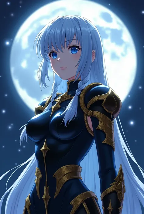 Woman with bluer than white hair ,  single braids , Bob Hair,  blue eyes,  big breasts at the temple,black and gold armor 、Saint Seiya woman 、 1 girl,  Hi-Res,  turn your gaze , masterpiece, Standing in front of a full moon
、Surreal