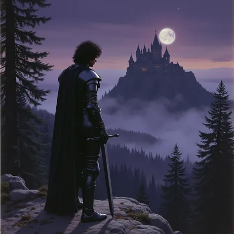 DVD screengrab drawing with sort of grainy, vhs, 1970s looking , from a 1982 dark fantasy film, Excalibur, featuring a man from behind with medium-length, curly black hair and standing on top of a mountain looking down as a medieval dark knight. He is wear...