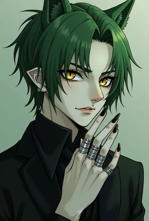 vampire,  yellow eyes with black sclera ,  green hair and ivory skin .  He has black nails with many silver rings on his fingers .  He has pointed ears with a piercing in the shaped lobe Of a crescent moon and an orbital ring.  His green locks are mostly s...