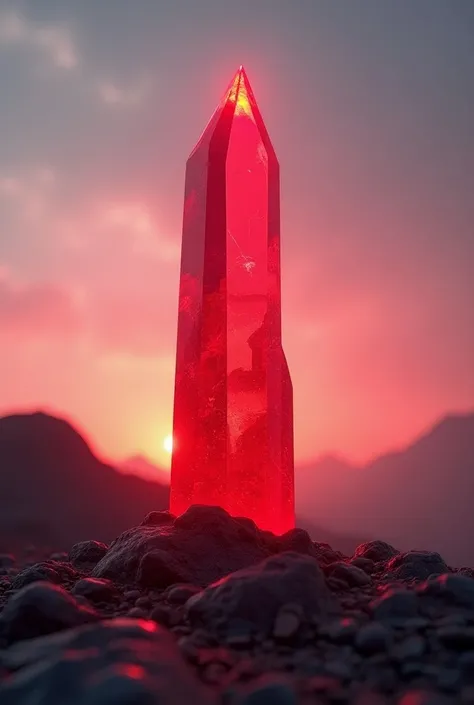 A swordlike crystal jotting from the ground in red tones, the dusk behind it