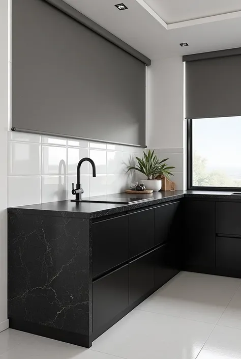 a kitchen with a black granite countertop and black cabinets underneath, white ceramic wall and gray blinds