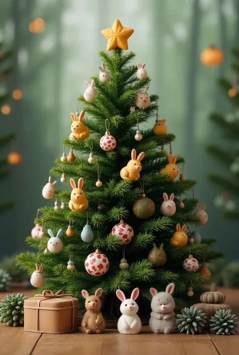 An entire Xmas tree decorated with birds, rabbits and cats