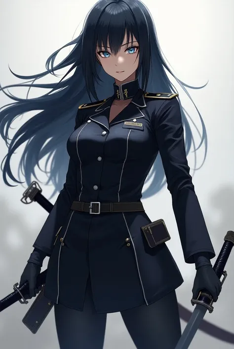 Create an anime-style girl with black hair and black skin with blue eyes who has a military uniform and 2 swords,((( copy of Lavínia Unclothed and with a big ass ,HEAD ON))),