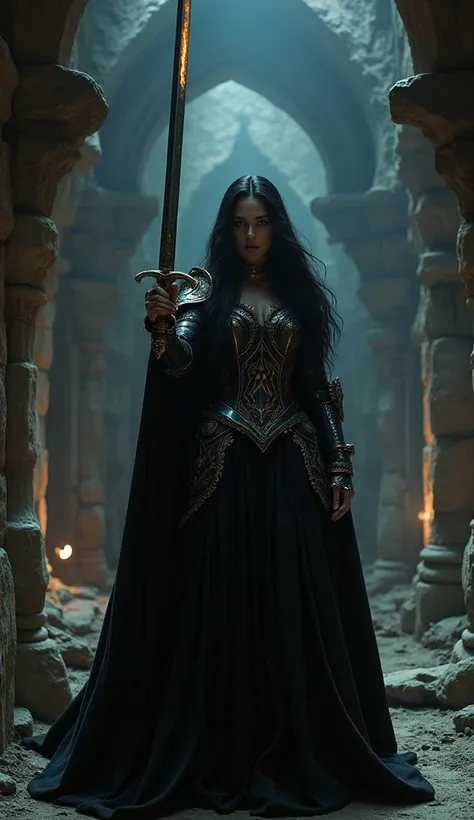 DVD screengrab from dark fantasy film Labyrinth, an evil beautiful woman with long black hair in the dark, eerie interior of an ancient castle. She is wearing armor and standing, holding up her sword to light it on fire in the style of a 90s fantasy movie