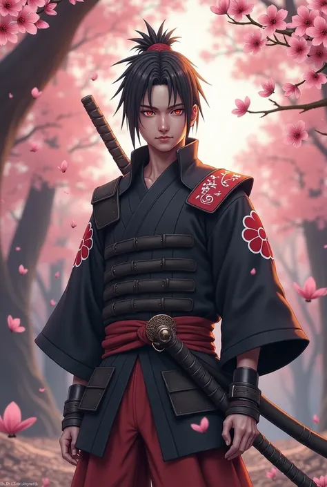 Naruto reimagined as a samurai warrior in feudal Japan, wearing traditional samurai armor with a leaf village crest on his shoulder. His katana is glowing with chakra, and he stands in a cherry blossom garden, his expression calm but fierce