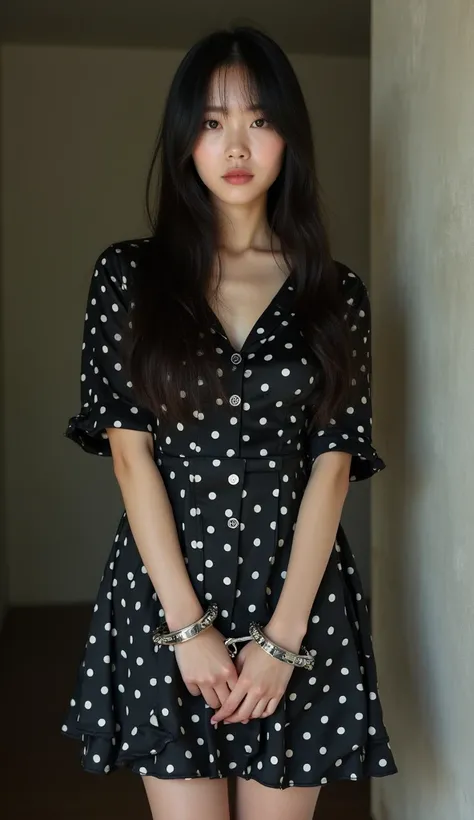 korean girl long hair short dress silk satin dress big breast beautiful face polka dot black silk satin short dress prision prisoner girl silk satin two hands handcuffs 