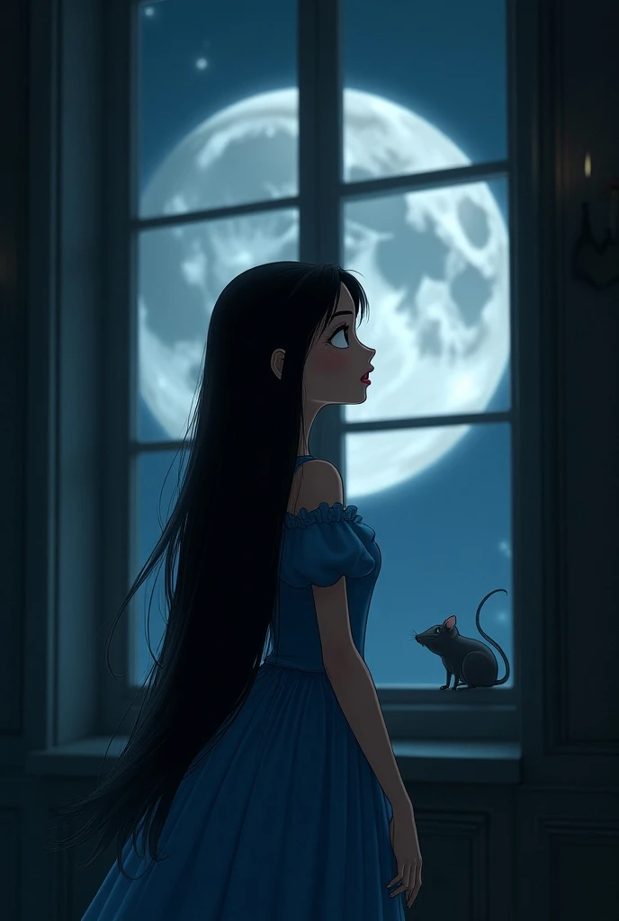  Princess with long and straight black hair looking surprised at a ventilation grille where a mouse is, In the background two large windows where the full Moon can be seen outside at night  