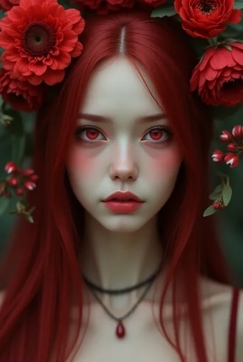 
 make the following character 
She has white skin , your eyes are red without a pupil ,  your hair is straight and long in the color dark red ,  and her expression on her face is one of sadness with a close up capturing the harmonious beauty between her b...