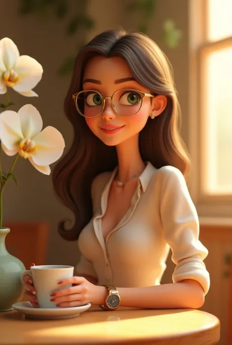 A Pixar-style 3D woman sits holding a cup on the table and next to her she has a vase of white orchids, her hair is long wavy, with a dark brown tone that gains golden reflections on the light her hair is shining slightly over her shoulders .Your eyes are ...