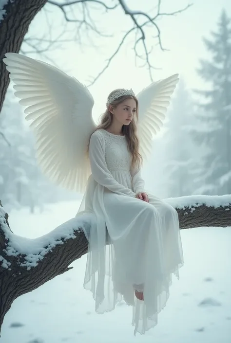 20-year-old angel girl ,  sits on a tree branch , ,  white on white ,Air, frost,  snow , filigree, Zentangle,  drawing wings in detail , big white feather wings,  professional photo , 8k,  High definition,  high detail ,photorealism 