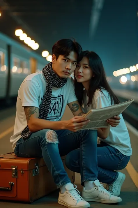 Professional photography with a 35mm lens, showing two Iranian young Korean lovers, handsome Korean man with neat trendy hair, tattoos on his arms, sitting on a wooden crate on the platform of a dimly lit 1930s train station at night. He was holding an unf...