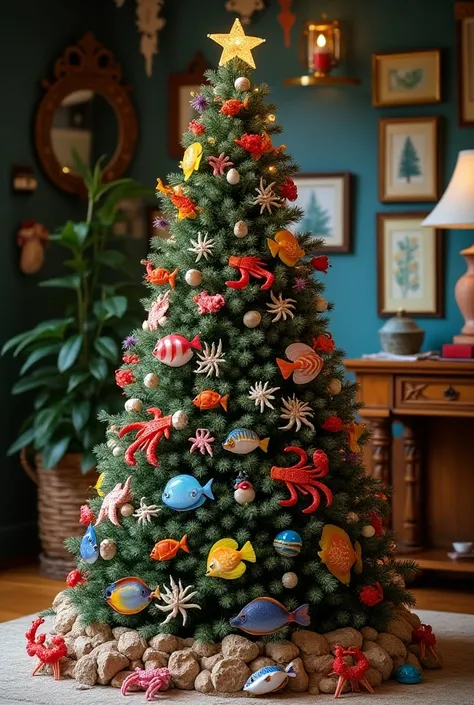 An entire Xmas tree decorated with tropical fish, shellfish, crab, shrimp, and squid