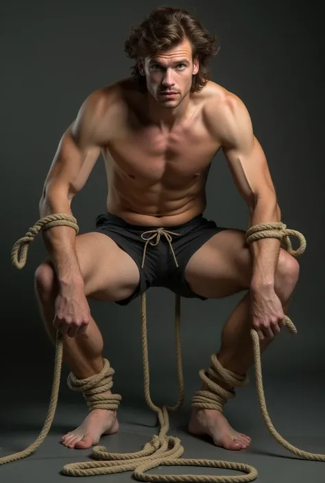 Person with wrists attached to both sides and legs spread, Fucked with strong ropes that are attached below . 